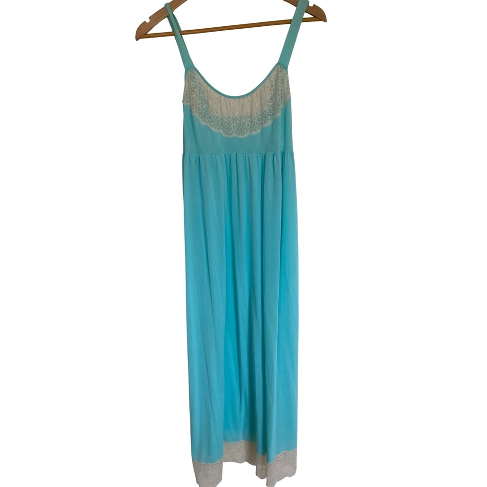 Vintage Formfit Rogers Aqua Blue Lace Trim Maxi Nightgown Small Sleeveless